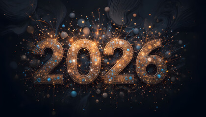 Glowing golden 2026 numbers with sparks and lights on dark background