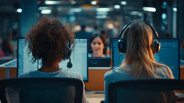 Customer support agents working in call center wearing headsets at computers representing customer service teamwork communication business support technology and modern office operations environment