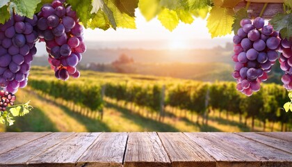 close up view of ripe purple grapes hanging on vines with green leaves framing a rustic wooden table against a sunlit vineyard background