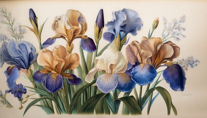 Vintage Botanical Artwork Featuring Iris Flowers High Resolution Image