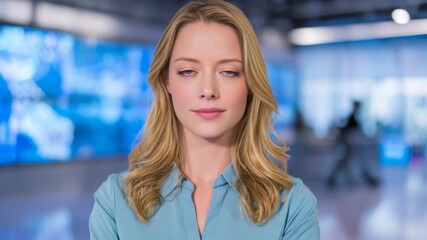 Confident businesswoman with closed eyes stands calmly in modern office environment, radiating inner peace and mindfulness. Professional woman practices meditation for stress relief