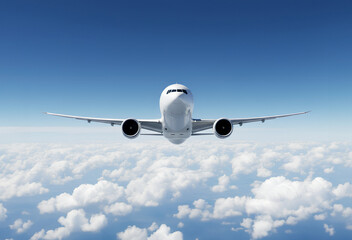 White Airplane Boeing 777 Modern Passenger Jet Plane Flying Above White Clouds and Blue Sky Front View Angle