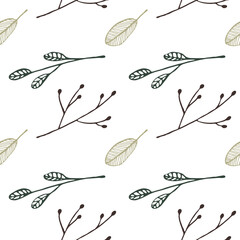 Curated botanical collage, leaves, berries twigs in repeating wallpaper motif in gold-black colors.