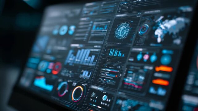 Futuristic digital dashboard displaying advanced data analytics, interactive charts, global statistics in high tech interface. Modern technology trends, big data visualization dominate scene