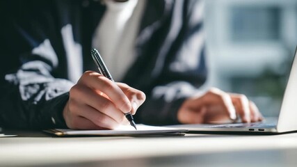 Close up of a person writing on paper with a pen while working at a desk with a laptop in a bright modern workspace. The scene captures productivity and focus in a contemporary office environment - Powered by Adobe