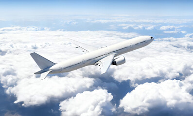 Fototapeta premium Side View Angle White Airplane Boeing 777 Modern Passenger Jet Plane Flying Above White Clouds and Blue Sky