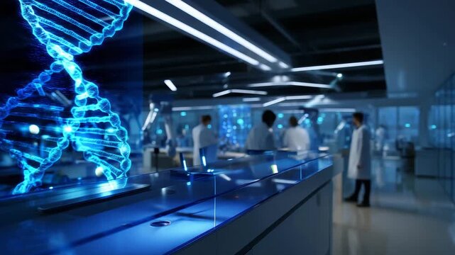 4k Futuristic biotech laboratory where scientists interact with holographic DNA models and robotic research assistants, digital microscope projections, AI simulation of genetics data