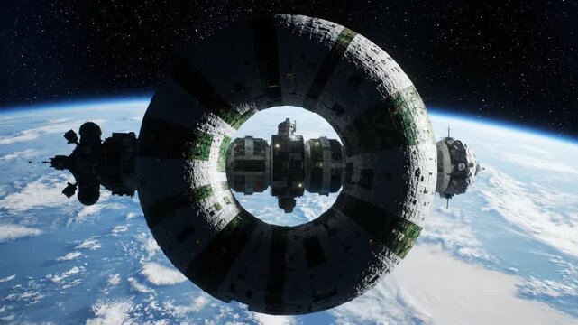 Massive toroidal space station orbiting a blue planet, Detailed futuristic spacecraft in orbit above Earth, Sci-fi space station design with intricate modules and a large ring structure