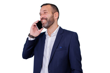 Businessman happily making phone call, communicating and networking using mobile device, transparent background
