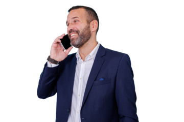 Businessman happily making phone call, communicating and networking using mobile device, transparent background