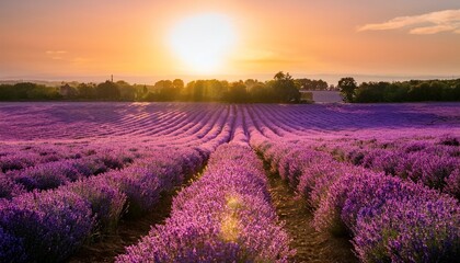 Lavender Fields At Sunrise Rows Of Vibrant Purple Blooms Stretching Towards A Radiant Sun