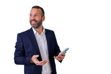 Professional businessman smiling and gesturing, holding a mobile device, communicating with clients, transparent background