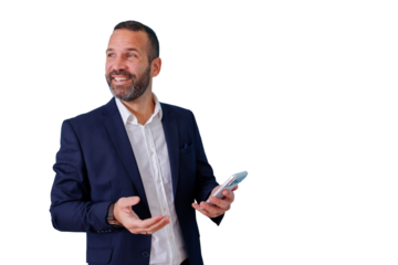 Professional businessman smiling and gesturing, holding a mobile device, communicating with clients, transparent background