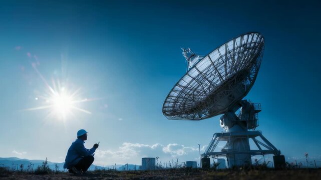 Engineer in helmet inspects large satellite dish antenna under clear blue sky on a sunny day. Modern technology and communication infrastructure concept captured in a high resolution image