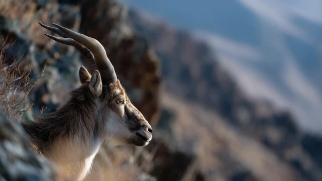 4k Wild Bukharan markhor (Capra falconeri heptneri) grazing on a steep rocky slope detailed fur and magnificent spiral horns, Central Asian mountains in the background, warm natural l