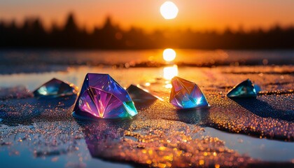 Iridescent Crystals On Wet Surface Reflect Sunset Colors In A Serene Setting