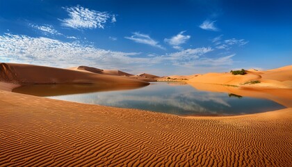 Serene Oasis Golden Sands Reflecting In A Tranquil Desert Lake Under A Sky Of Wispy Clouds