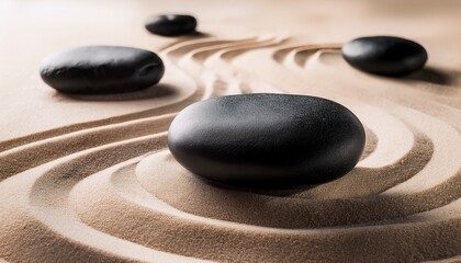 Black Stones Arranged On Sand In A Minimalist Zen Scene