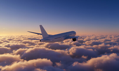 White Airplane Boeing 777 Modern Passenger Jet Plane Flying Above Clouds at Golden Hour Sunrise or Sunset Corner Back View Angle