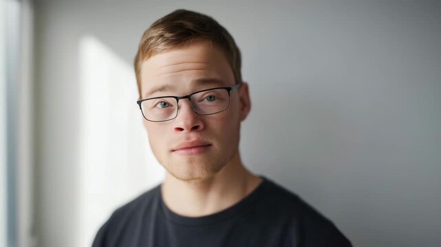 Portrait of a young man with typical facial features of trisomy 21, looking confident and thoughtful soft natural light, neutral background, realistic and respectful photography 4k