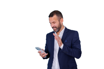 Businessman waving hand and smiling during a video call on a smartphone, having a virtual meeting, transparent background