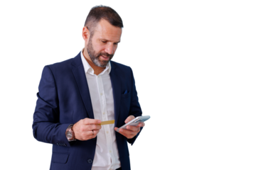 Business man making a secure online payment with credit card and smartphone, enjoying mobile banking and e-commerce experience