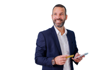 Happy man in suit engaging in secure mobile online shopping, making payment with credit card, transparent background