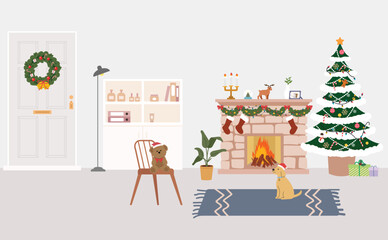 Cozy Christmas Living Room with Fireplace, Tree, and Festive Pets