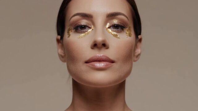 Beautiful adult caucasian woman with gold leaf eye patches for a luxury skincare treatment. Cosmetology concept for anti aging facial procedures and premium cosmetic products