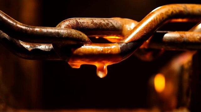 Close up of a rusty industrial chain under extreme heat. The metal links glow orange and red as molten liquid drips down, representing a breaking point or transformation