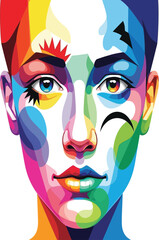 Obraz premium A vibrant portrait of a woman s face rendered in a colorful geometric and modern pop art style