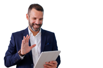 Businessman waving hello during online video call using tablet, modern remote communication on transparent background