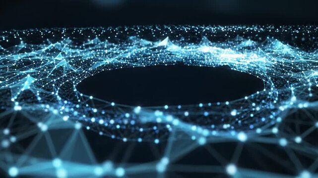 Futuristic blue network landscape with glowing interconnected nodes and a circular central void.