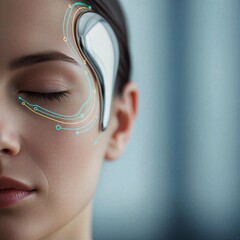 Futuristic Wearable Tech for Facial Relaxation: Close-up of a woman with a sleek wearable device and digital interface on her face, representing advanced technology and wellness innovation