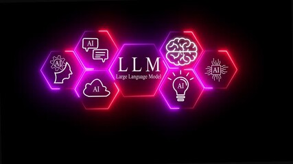 Futuristic concept of artificial intelligence and large language models LLM with glowing AI icons and human hand interface. Innovation in machine learning and digital transformation. black background. - Powered by Adobe