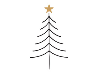 Simple black outline of christmas tree with golden star on top, isolated on white background, hand drawn doodle style. concept of holiday, festive decor, winter celebration, icon, logo, design element