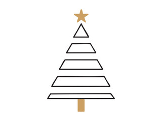 Fototapeta premium Minimalist geometric christmas tree with golden star on white background, hand drawn doodle style. concept of holiday decor, festive season, geometric art, modern design, christmas decoration, icon