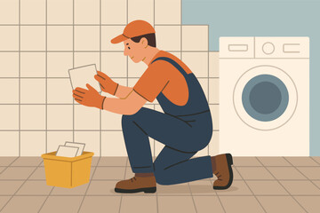 Young caucasian male worker organizing laundry room