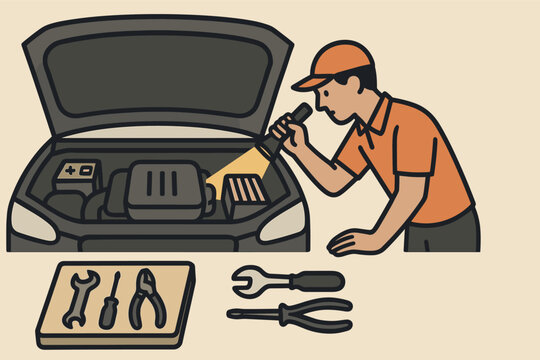 Asian male mechanic inspecting car engine with tools and flashlight - Powered by Adobe