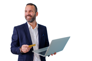 Businessman enjoying online shopping experience, holding credit card and laptop, smiling, transparent background
