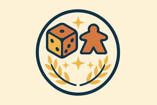 Board game icon featuring dice and meeple with laurel and stars design