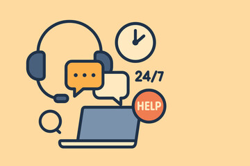 Customer support icons featuring laptop and headset on beige background