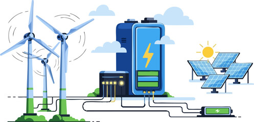 Renewable energy storage system with wind turbines and solar panels illustration © Raheel