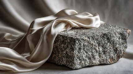 Cream silk fabric draped over a rough granite stone against a soft gray draped background