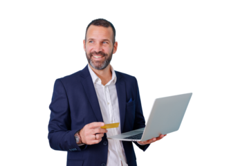 Man smiling, holding laptop and credit card, online shopping and e-commerce payment transaction, transparent background
