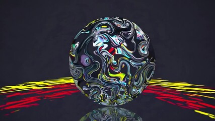 Shiny swirled orb with colorful, intricate patterns spins on a reflective surface as neon light trails orbit it, creating a futuristic, hypnotic glowing motion effect - Powered by Adobe
