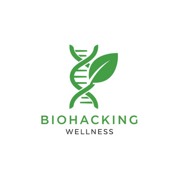 Biohacking wellness DNA logo design with leaf, a genetics and health concept