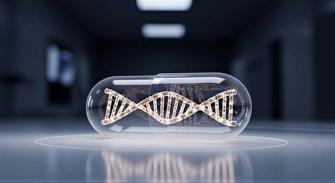 Futuristic DNA Pill &ndash; Biotechnology Innovation: Conceptual image of a high-tech capsule infused with DNA strands, symbolizing futuristic medicine, genetic therapy, and biotechnology advancement.