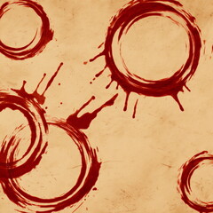 Red wine glass stains on table surface abstract background pattern
