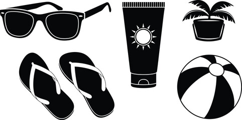 Summer vacation essentials sunglasses sunscreen flip flops and beach ball on transparent background silhouette